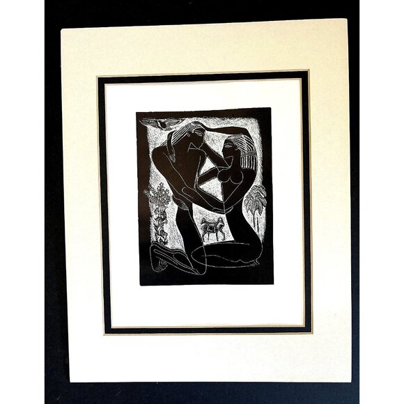 Greek Style Ink Drawing Art Photo Print Black White Man Woman Love Double Matted - Picture 2 of 7